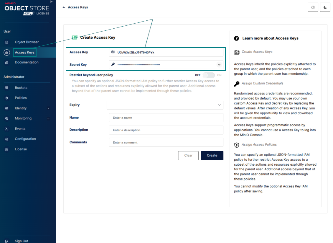 Create an access key in the MinIO Object Store console for the Odoo cloud client